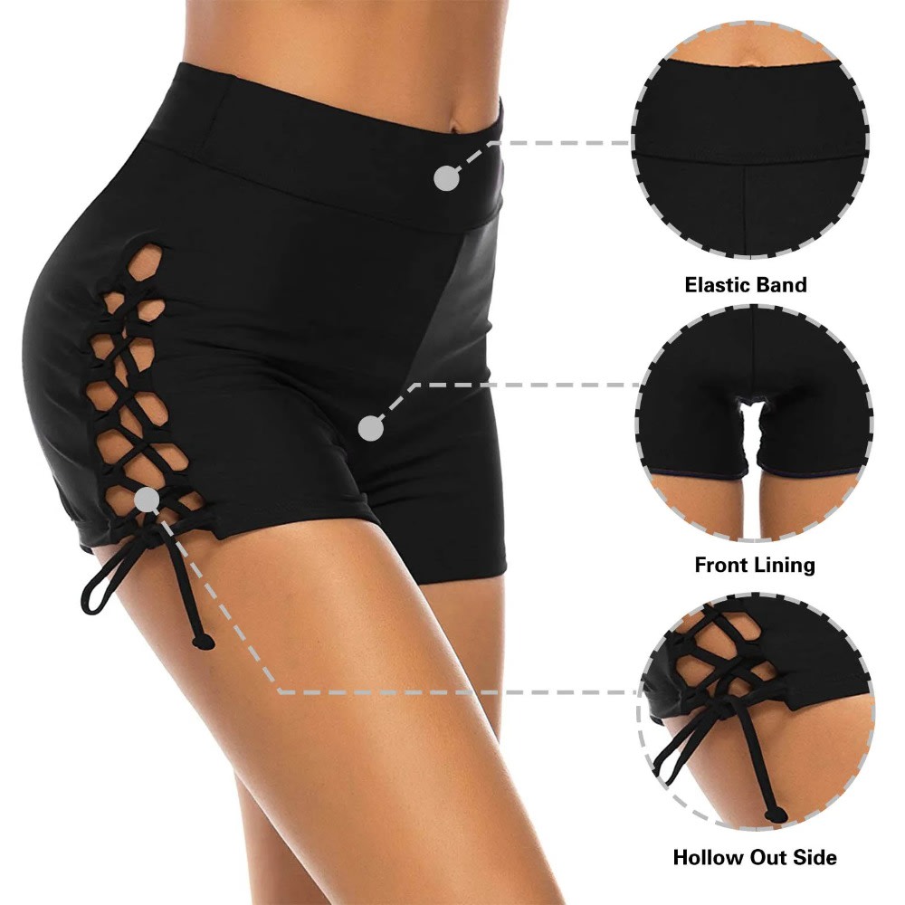 High Waisted Drawstring Swim Shorts for Women - Ruched Tummy Control Slim Bottoms